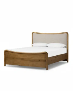 Kennie Upholstered Bed Frame with Carved Solid Oak and Linen Headboard