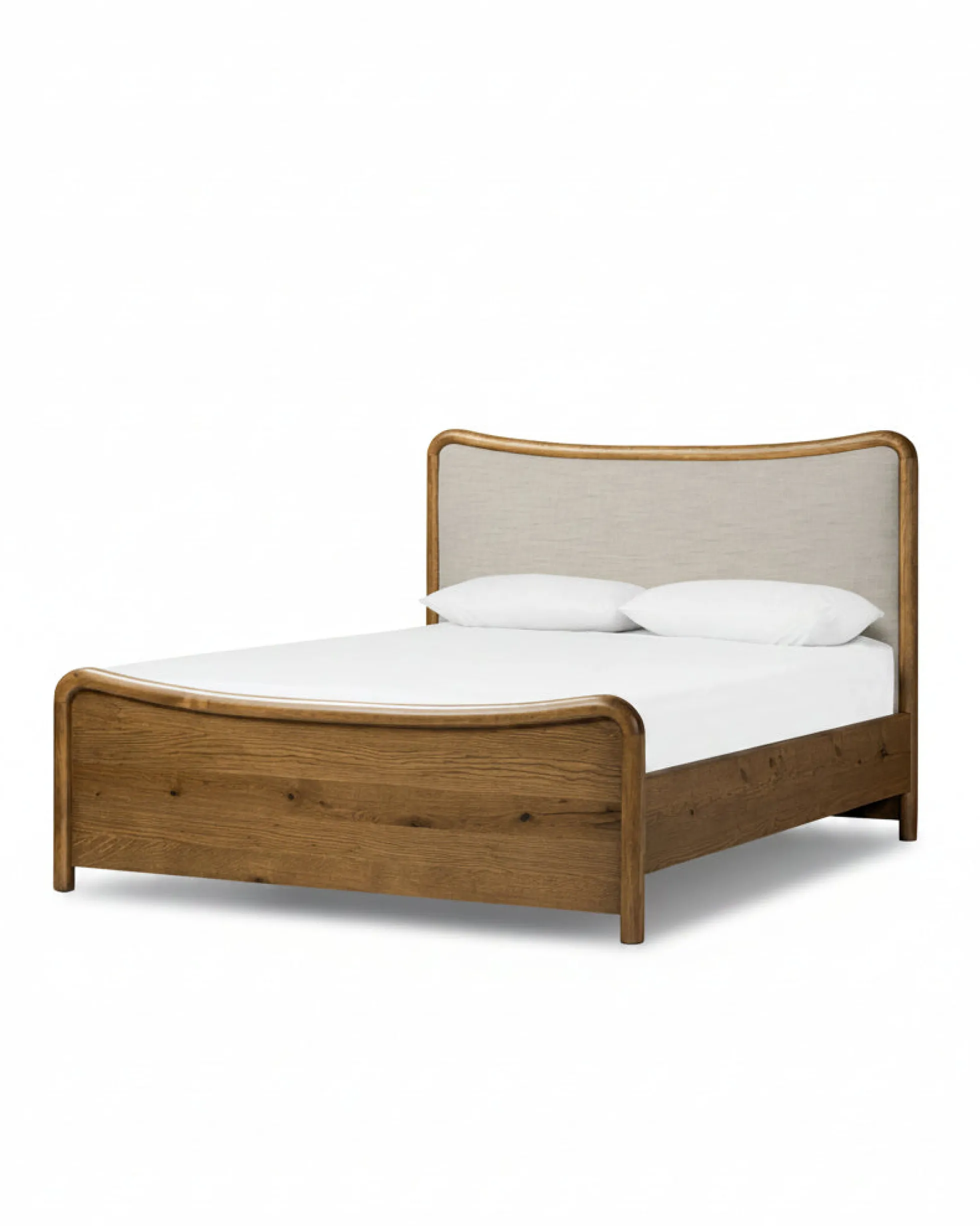 Kennie Upholstered Bed Frame with Carved Solid Oak and Linen Headboard