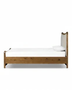 Kennie Upholstered Bed Frame with Carved Solid Oak and Linen Headboard