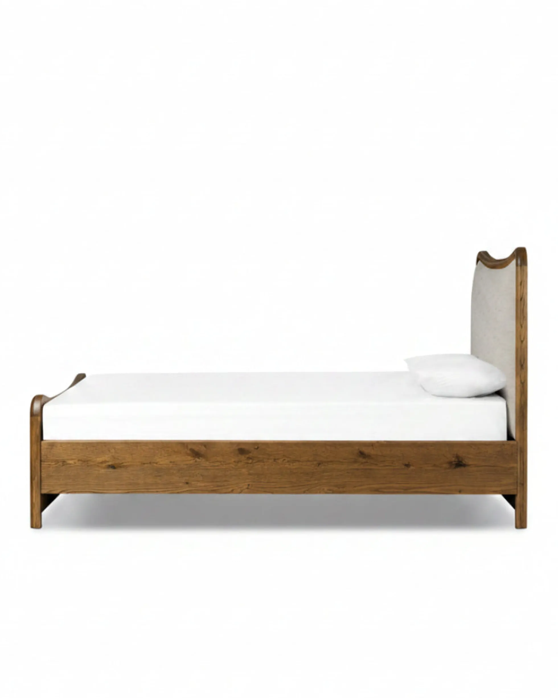 Kennie Upholstered Bed Frame with Carved Solid Oak and Linen Headboard