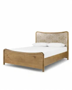 Kennie Upholstered Bed Frame with Carved Solid Oak and Linen Headboard