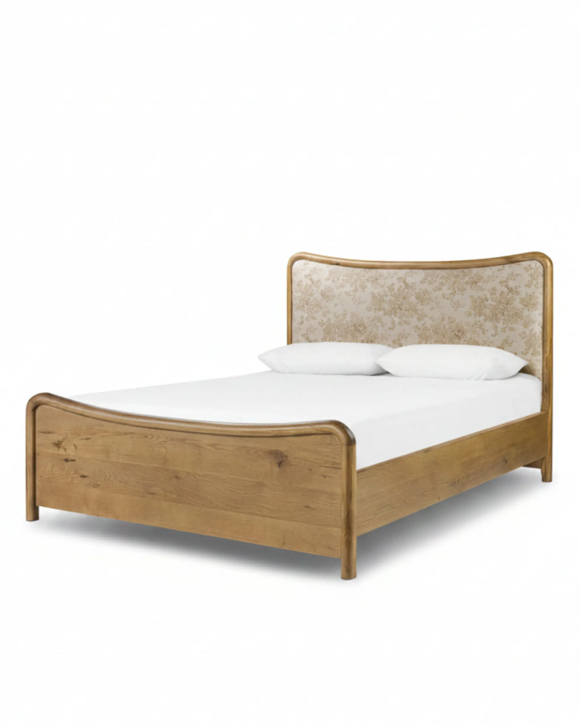 Kennie Upholstered Bed Frame with Carved Solid Oak and Linen Headboard