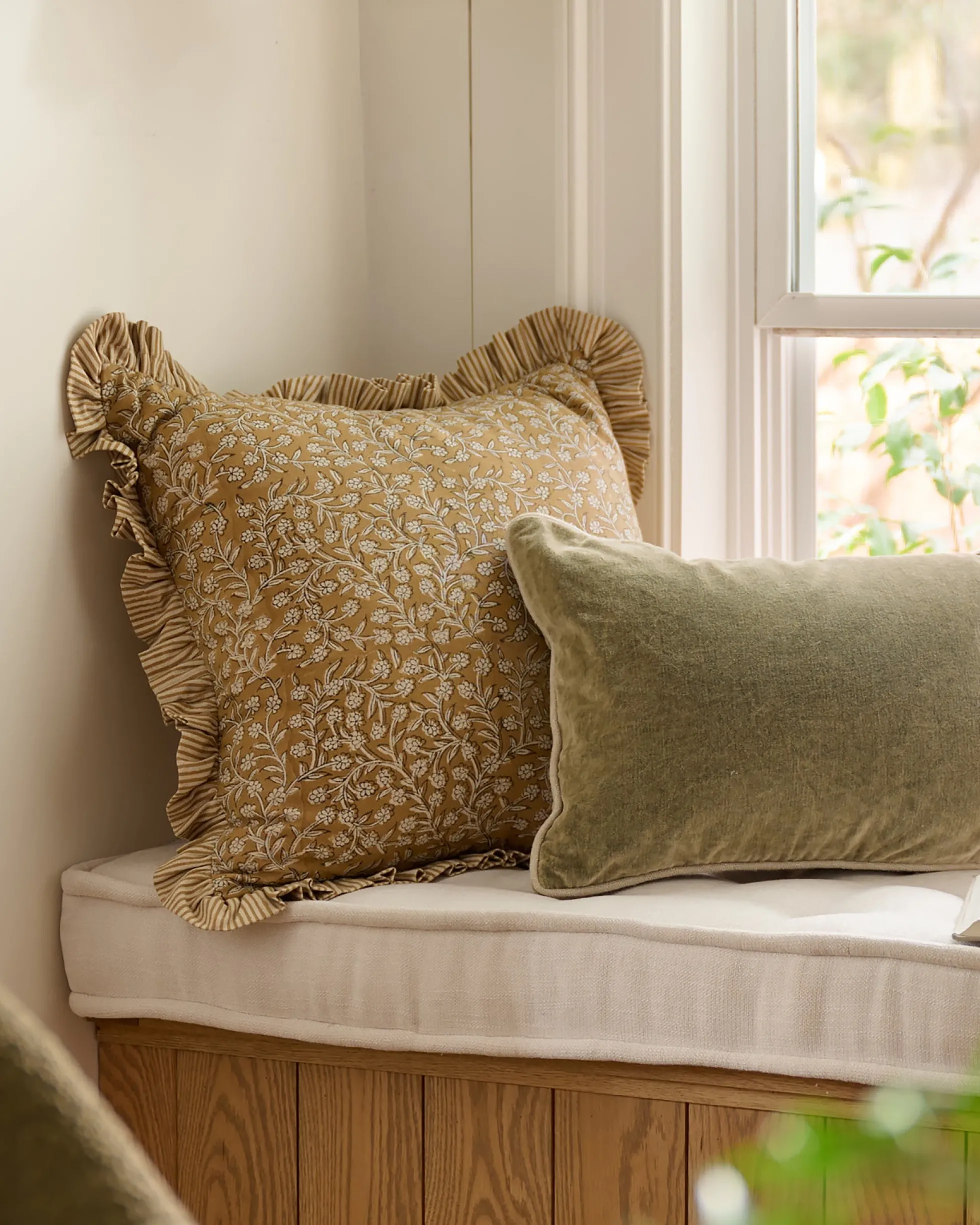 Maggie Ruffle Edge Floral Block Print Pillow