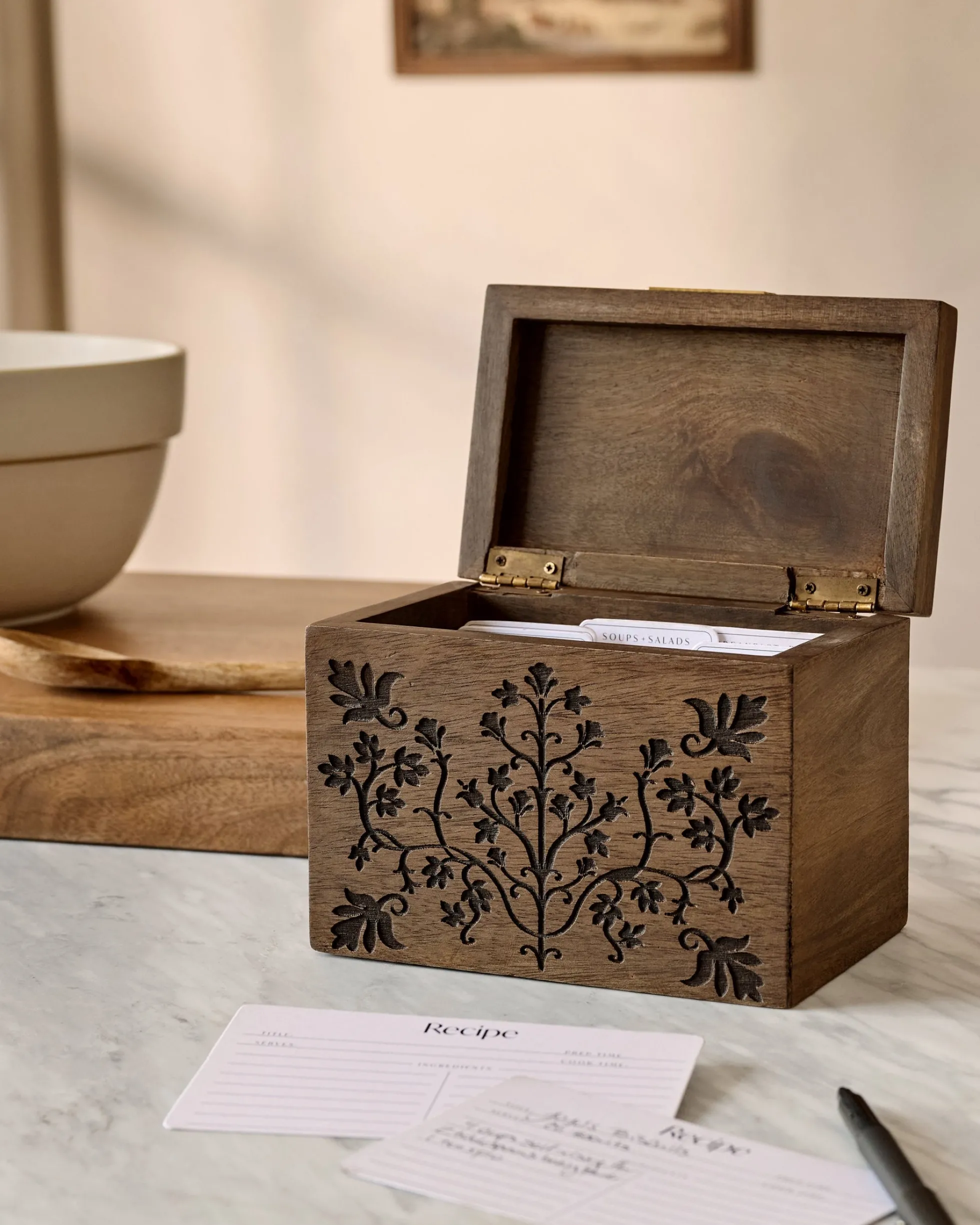 Magnolia Carved Wood Recipe Box