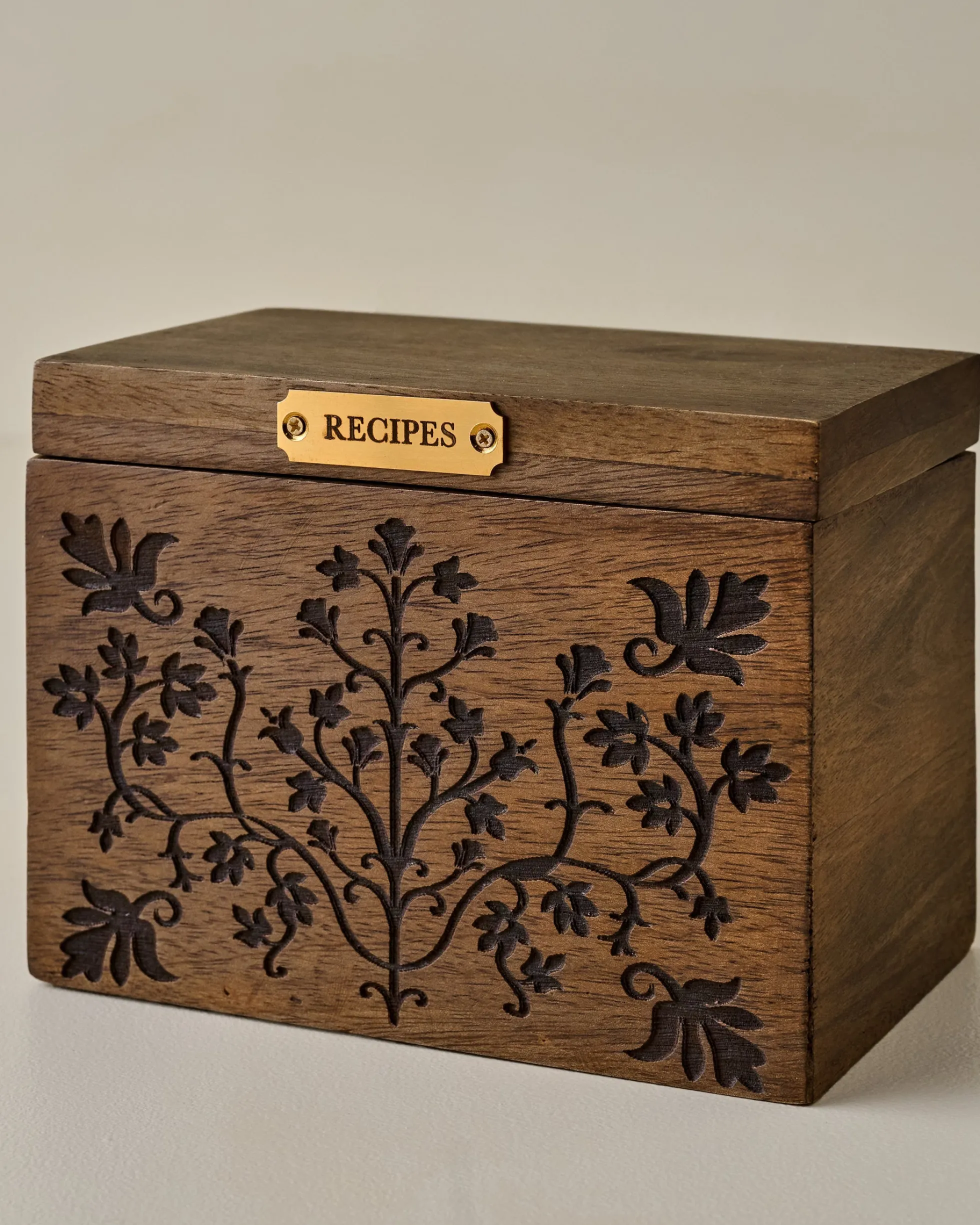 Magnolia Carved Wood Recipe Box