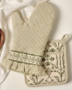 Magnolia Olive Pin Stripe Oven Mitt + Pot Holder Set