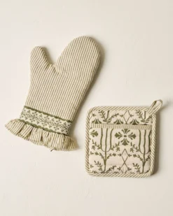 Magnolia Olive Pin Stripe Oven Mitt + Pot Holder Set