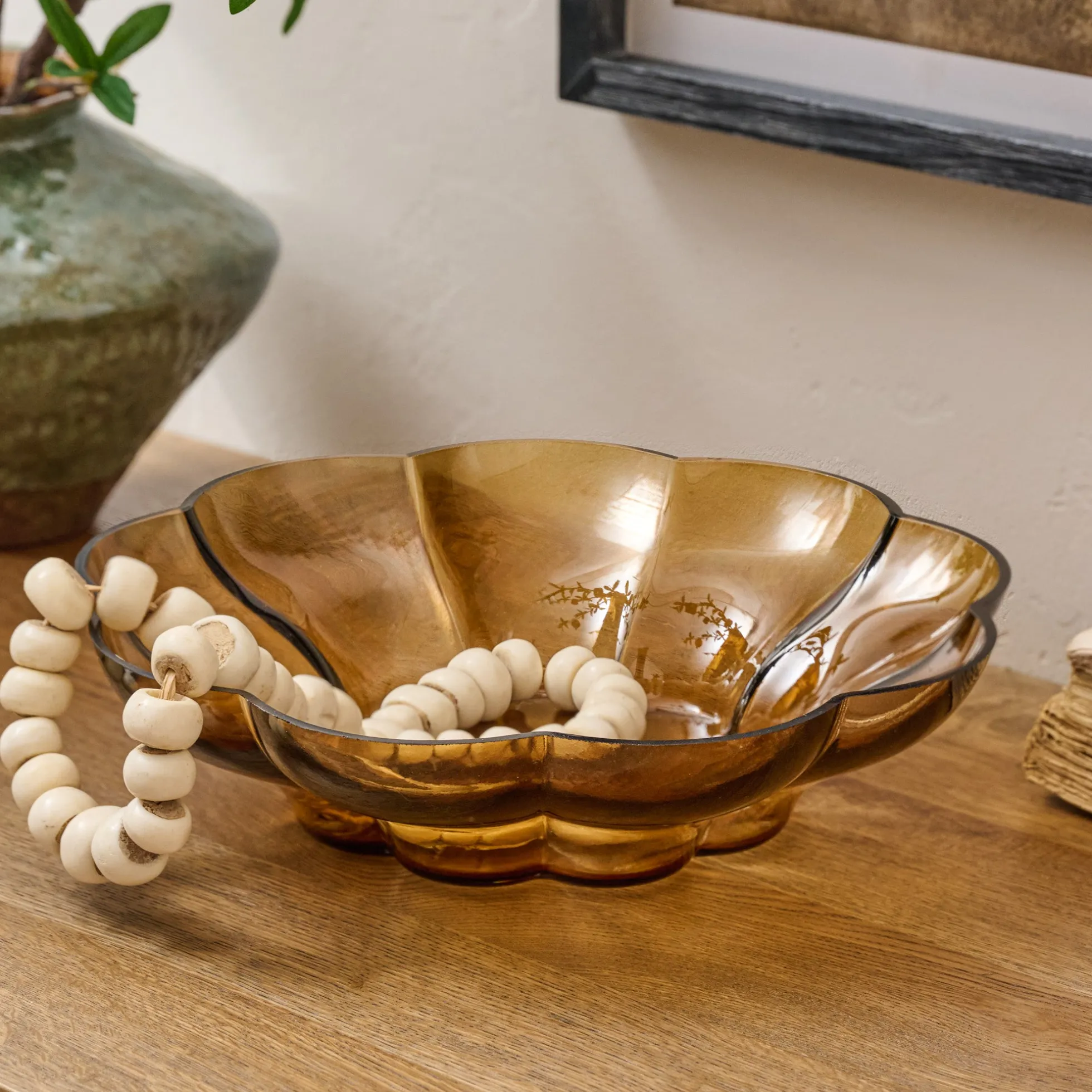 Scalloped Amber Glass Bowl