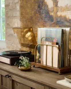 Short Antique Brass and Wood Media Stand