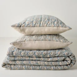 Silver Blue Flora Block Print Quilt + Sham Set (King)