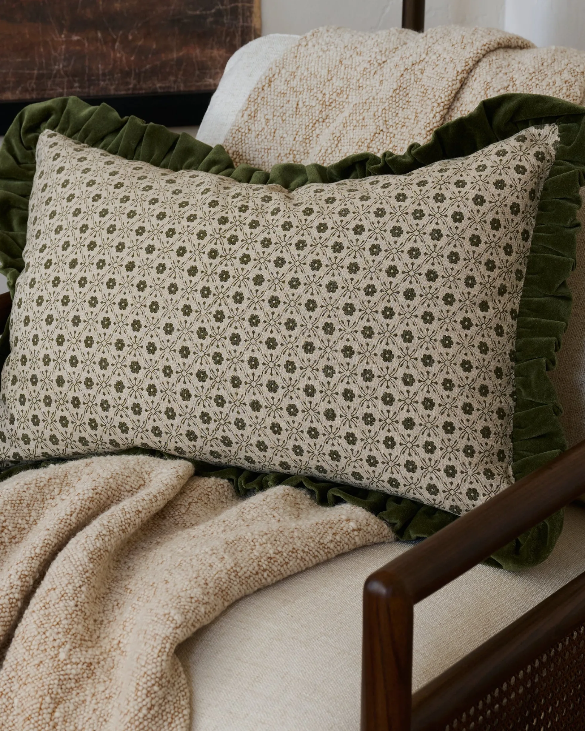 Thea Block Print Pillow with Velvet Ruffle Edge