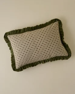 Thea Block Print Pillow with Velvet Ruffle Edge