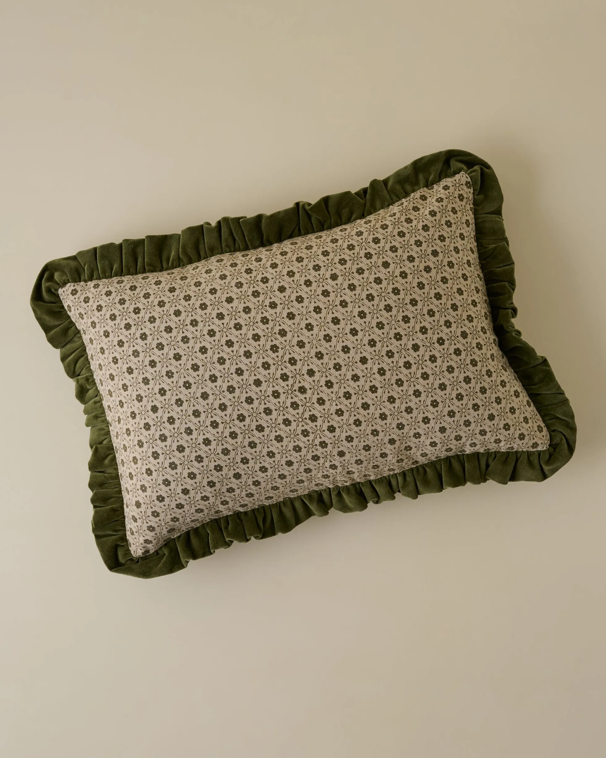 Thea Block Print Pillow with Velvet Ruffle Edge