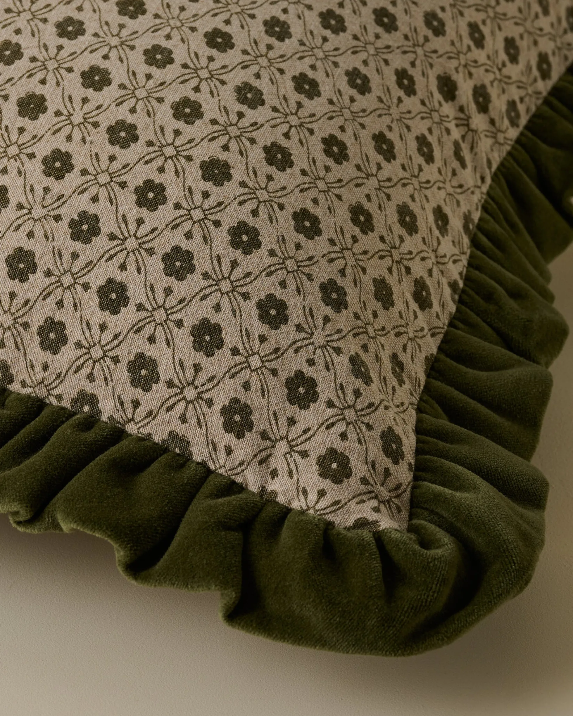 Thea Block Print Pillow with Velvet Ruffle Edge