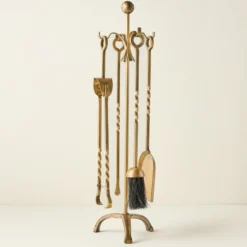 Twisted Antique Brass Fireplace Tool Set