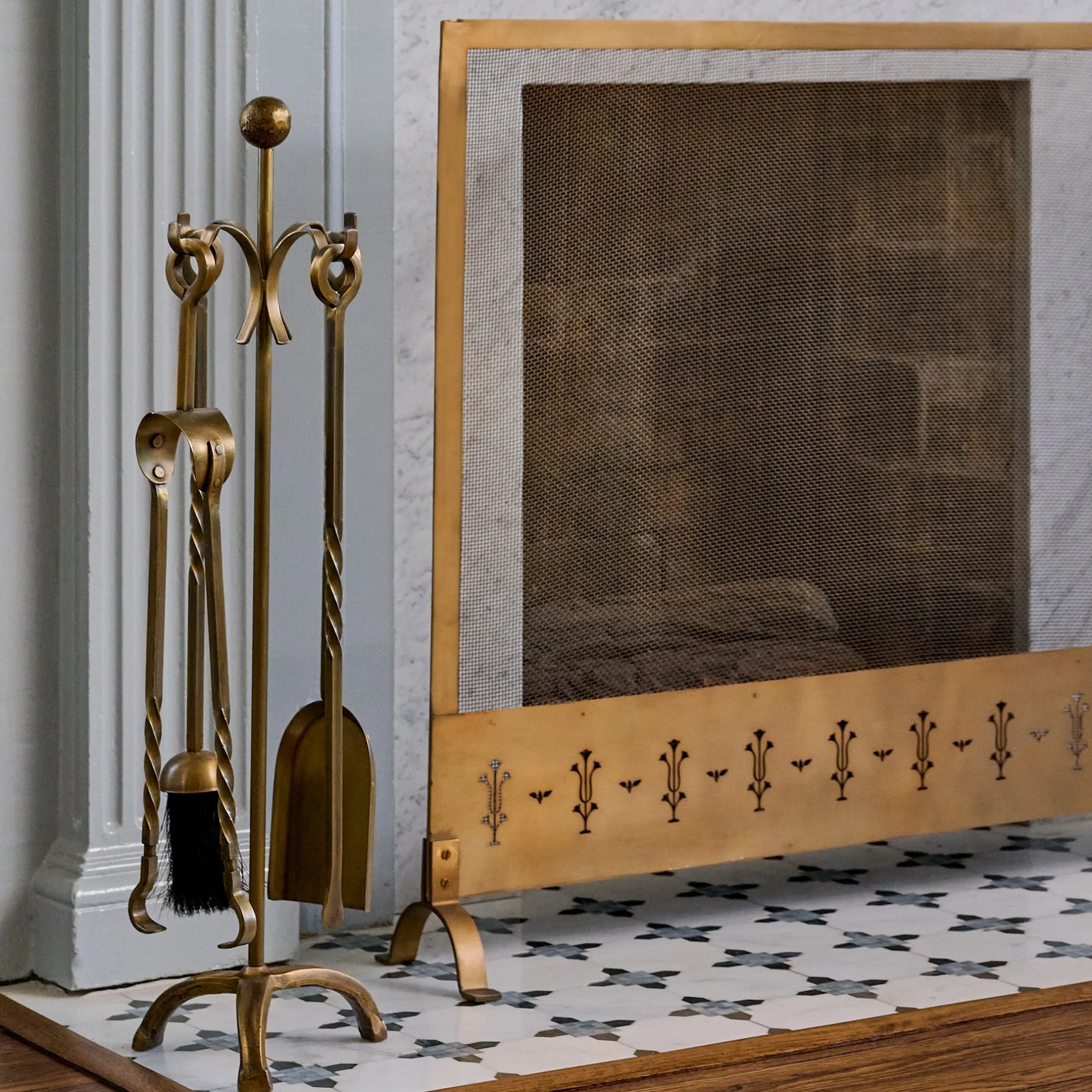 Twisted Antique Brass Fireplace Tool Set