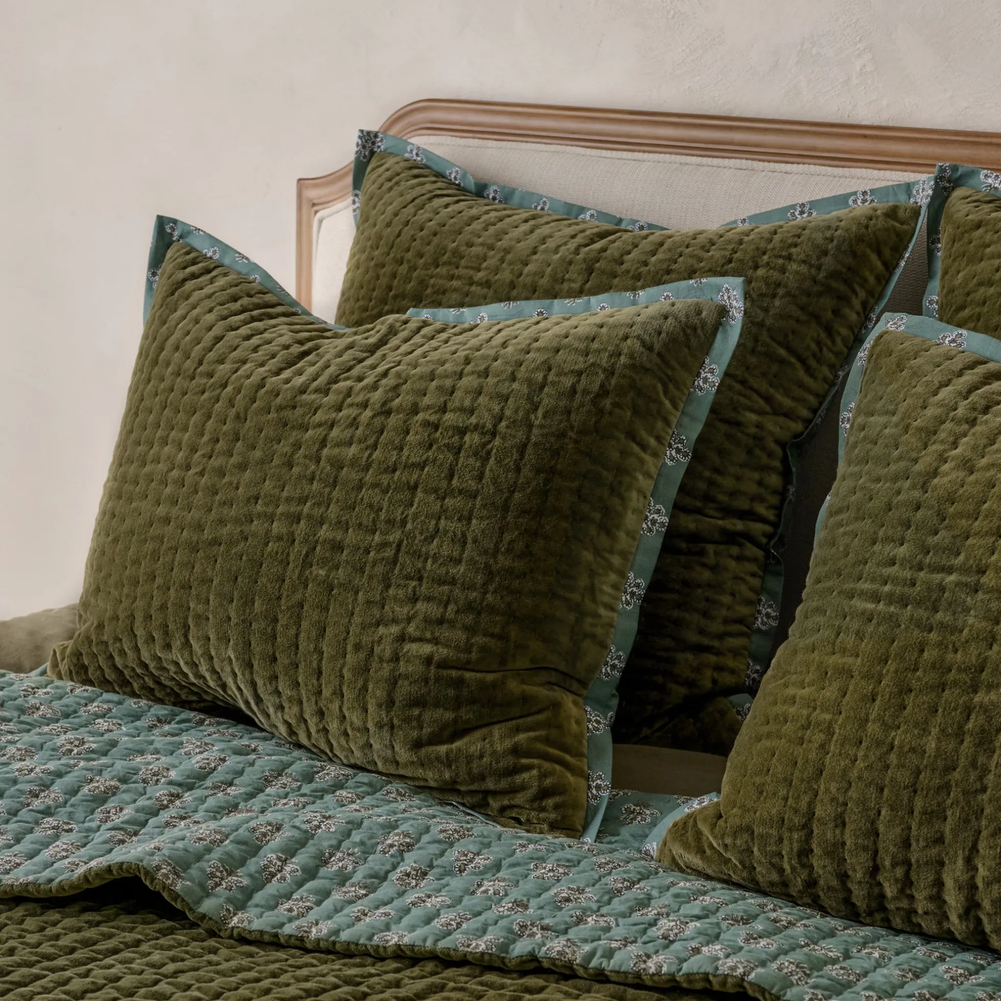Winter Moss Audrey Velvet Block Print Quilt + Sham Set (Queen)