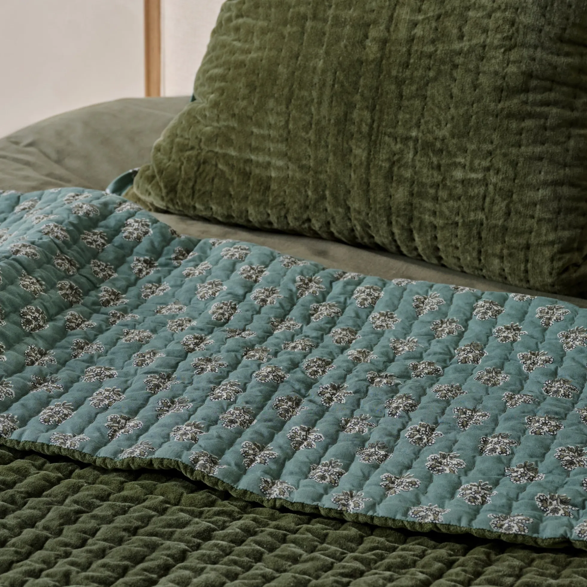 Winter Moss Audrey Velvet Block Print Quilt + Sham Set (Queen)