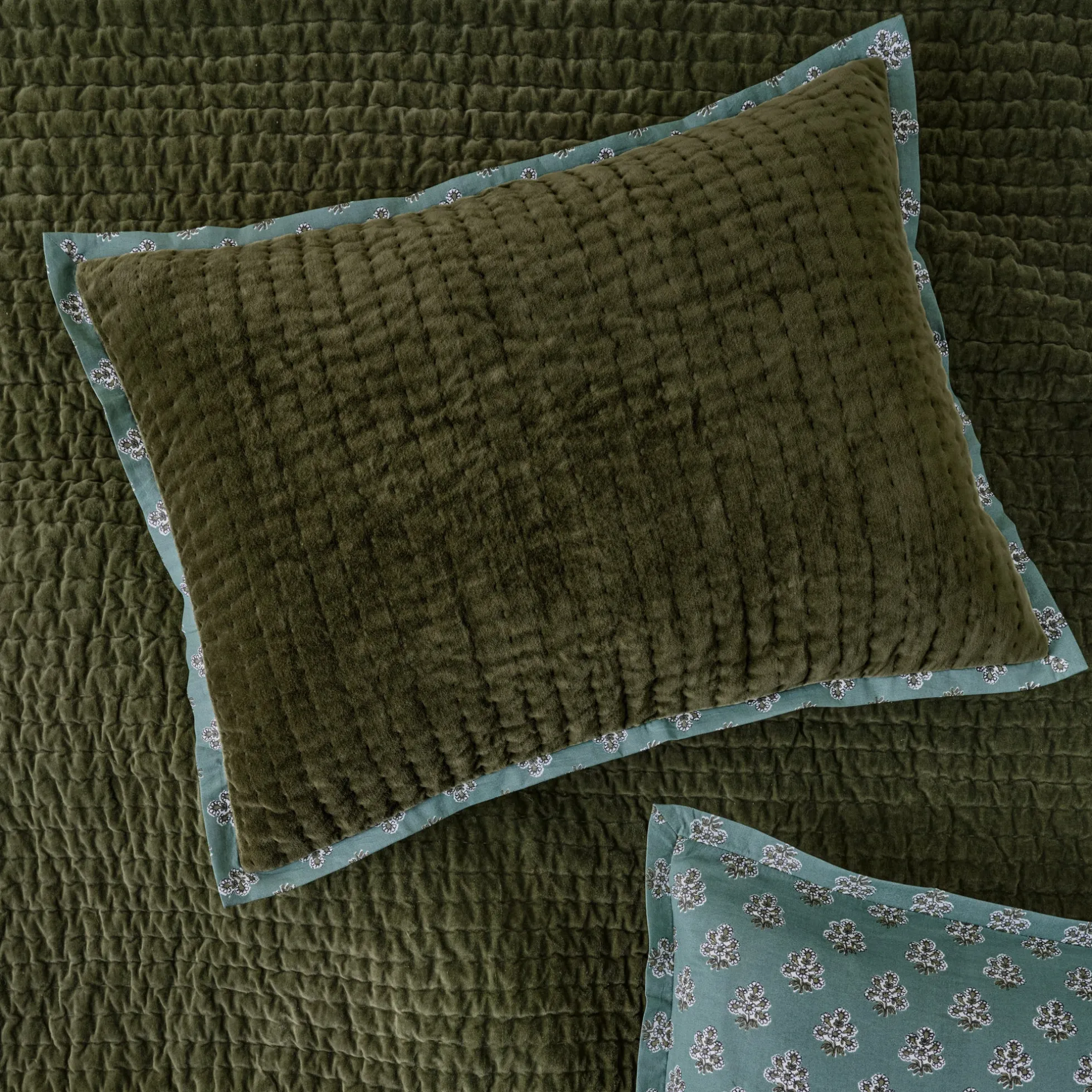 Winter Moss Audrey Velvet Block Print Quilt + Sham Set (Queen)